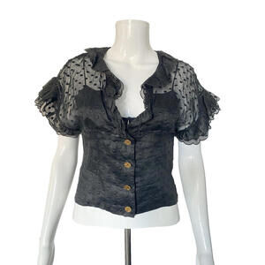 RARE Vintage 80s CHANEL Boutique Black Silk Dot Blouse Top Shirt FR-36